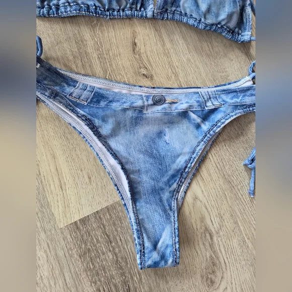 Denim Jean Look Triangle String, Lace up sides Bikini Large - Picture 5 of 10
